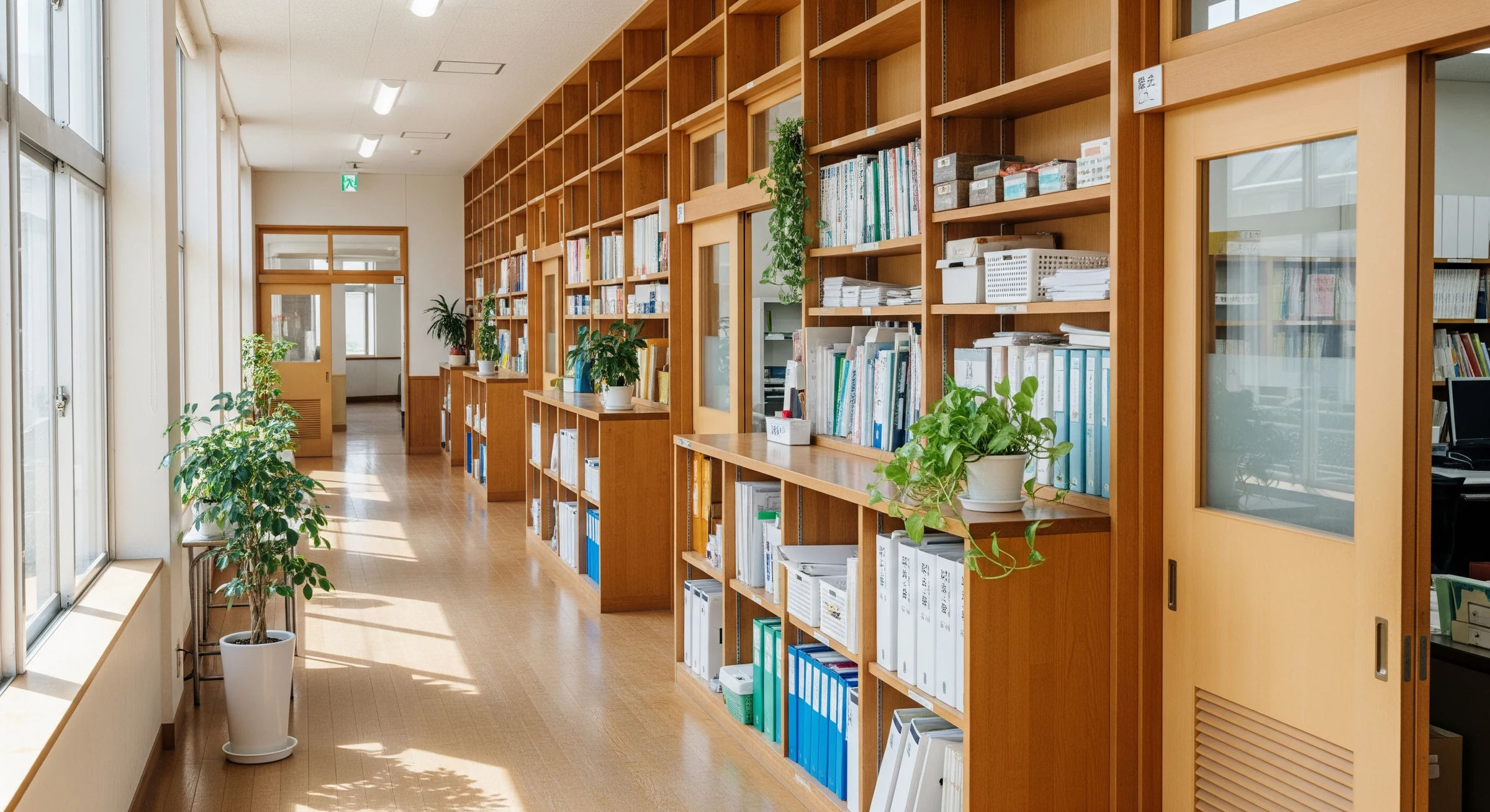 本棚の並ぶ教育施設の廊下